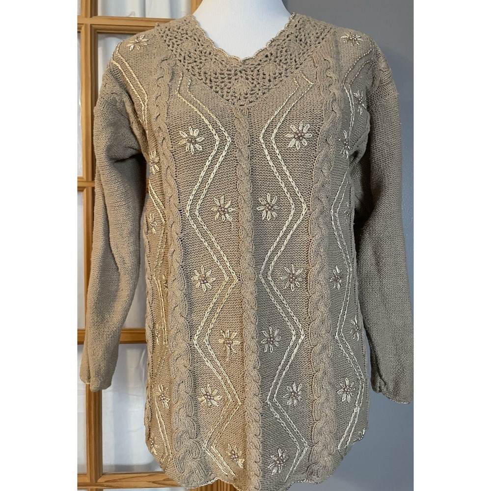 Vtg 80s Margules Floral Pullover Sweater S Beige Cable Knit Ramie Blend Cottage